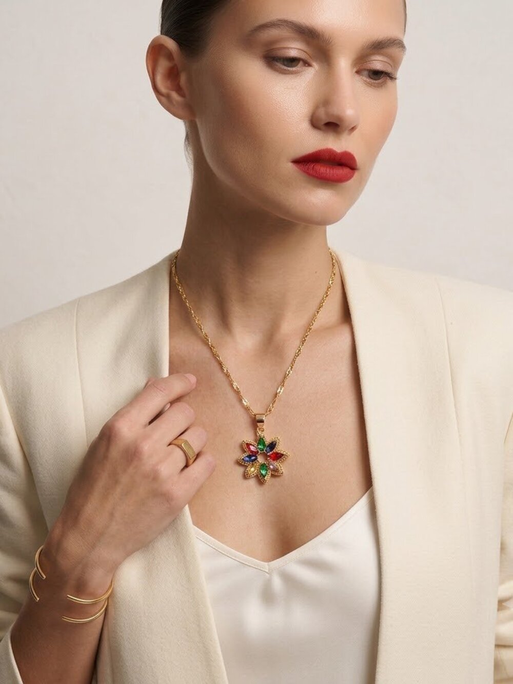 Flower Petal Necklace Multi-Color Zircon Stones Goldtone Adj 18" New